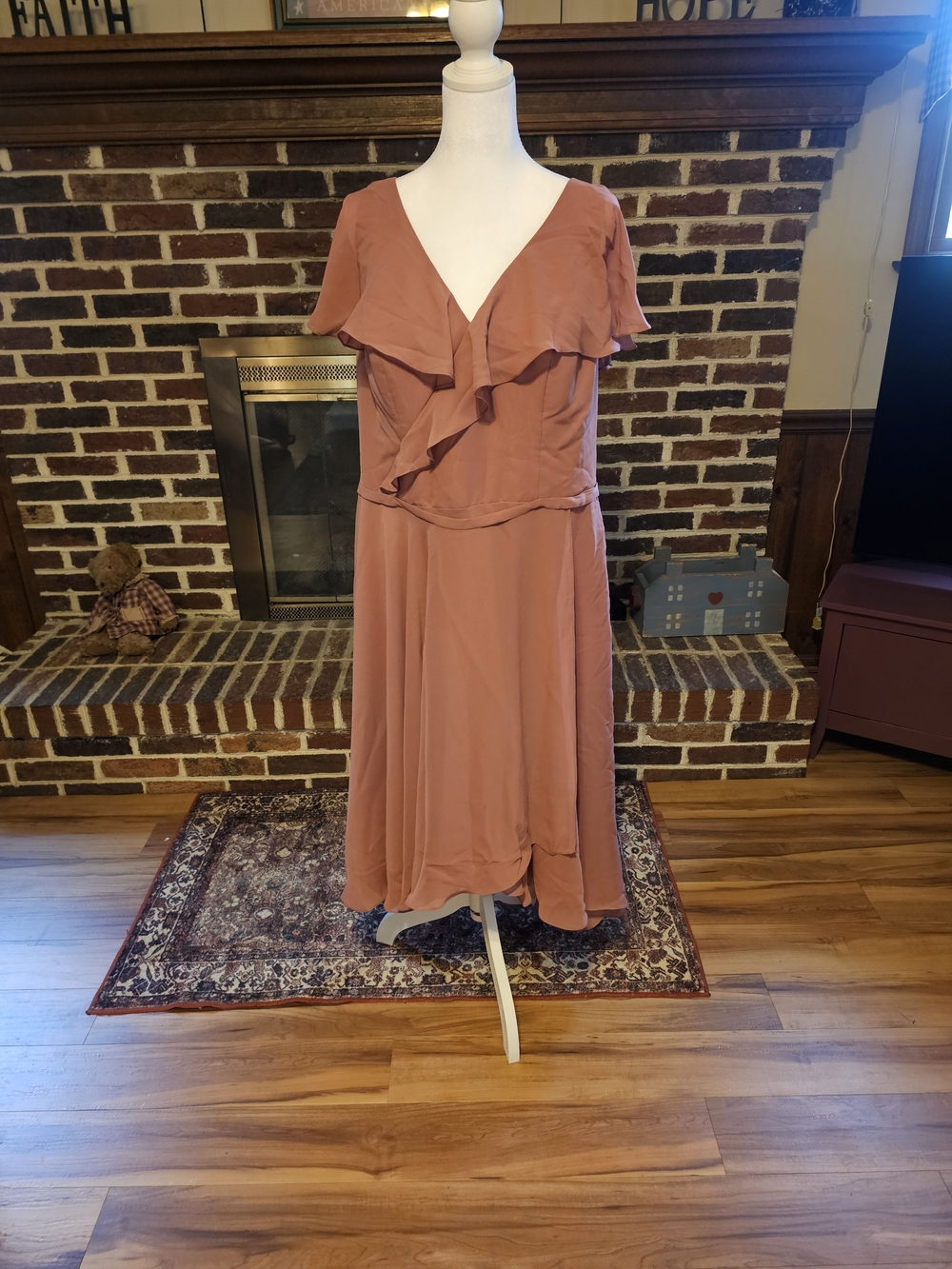 JJs House Dusty Rose Ruffle V-Neck Midi Dress